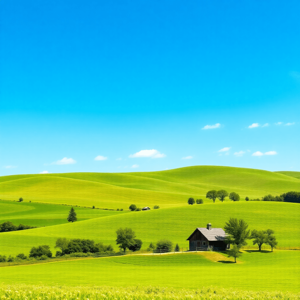 A picturesque farmland scene featuring lush greenery, rolling hills, a rustic farmhouse, and a strong tree under a clear blue sky, evoking feelings...