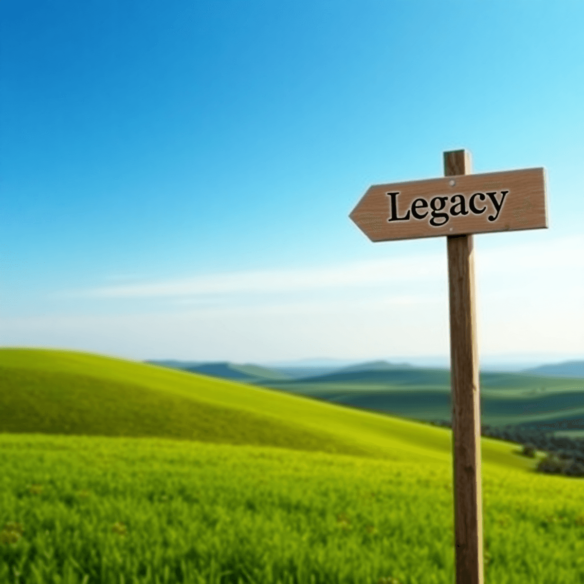 A tranquil landscape of green rolling hills under a clear blue sky, featuring a wooden signpost engraved with "Legacy," symbolizing sustainability ...