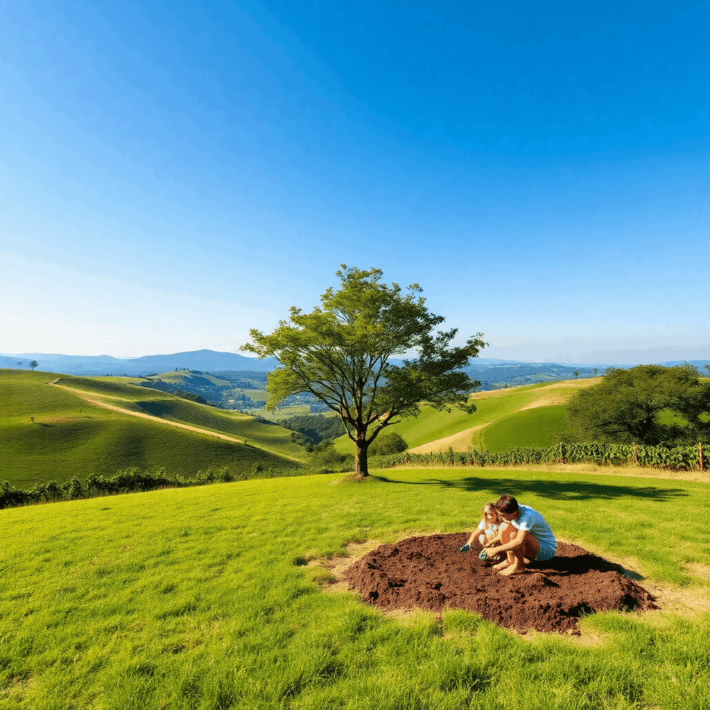 A peaceful landscape with rolling hills and lush greenery, featuring a family gathering around a tree, planting a garden together under a clear blu...
