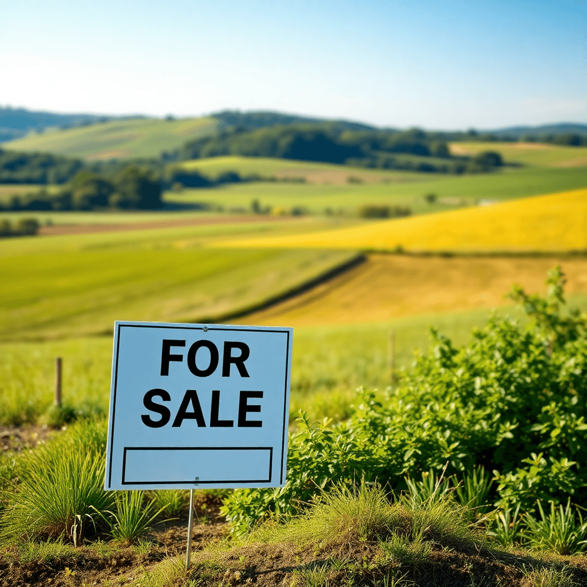 A picturesque rural landscape featuring lush greenery and open space, with a "For Sale" sign under a clear blue sky, evoking optimism and potential.