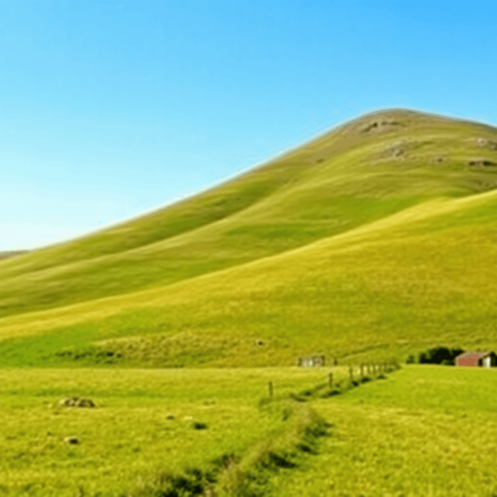A serene landscape with rolling hills under a clear blue sky, featuring a small path and fence, symbolizing land ownership and investment potential.