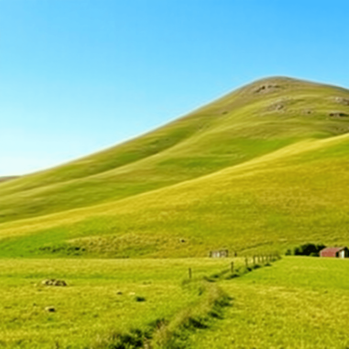 A serene landscape with rolling hills under a clear blue sky, featuring a small path and fence, symbolizing land ownership and investment potential.