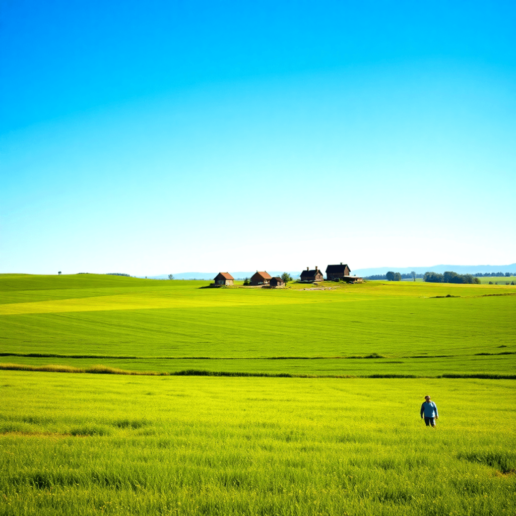 A serene rural landscape with green fields and a clear blue sky, featuring a farmhouse in the distance and a family enjoying outdoor activities, sy...