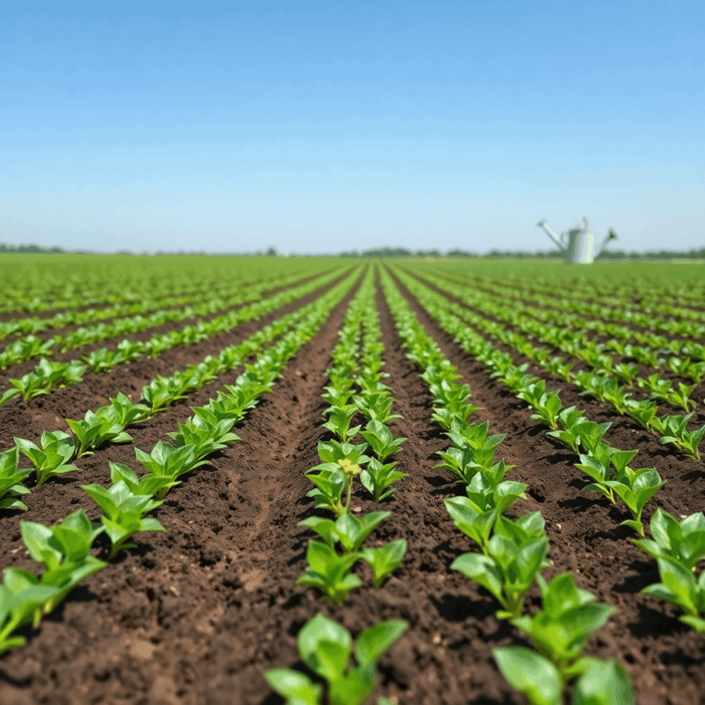 A vibrant green crop field with rich soil under a clear blue sky, featuring a small sprouting plant and a watering can, highlighting sustainable ag...