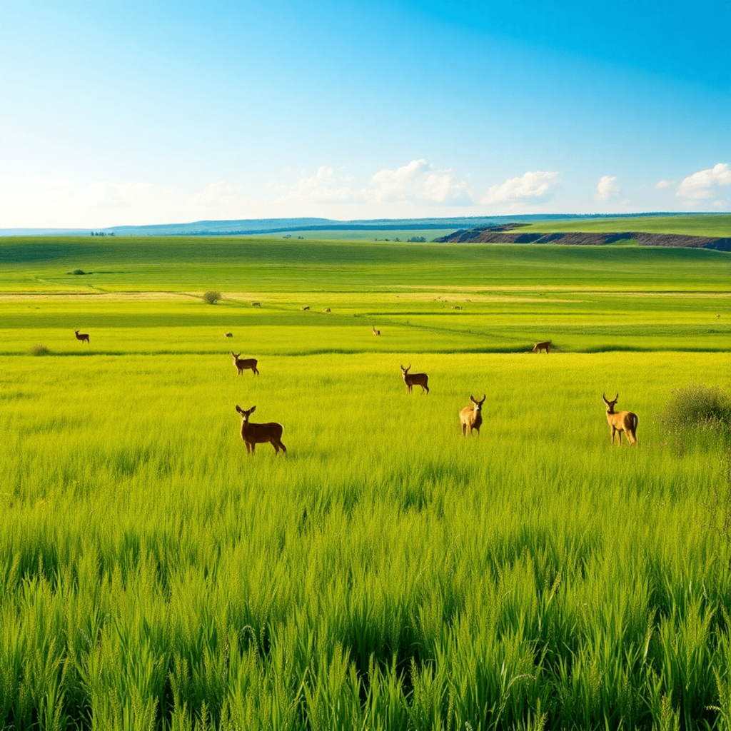A vibrant green prairie filled with diverse wildlife, including deer and birds, under a clear blue sky, showcasing the beauty of nature and the imp...