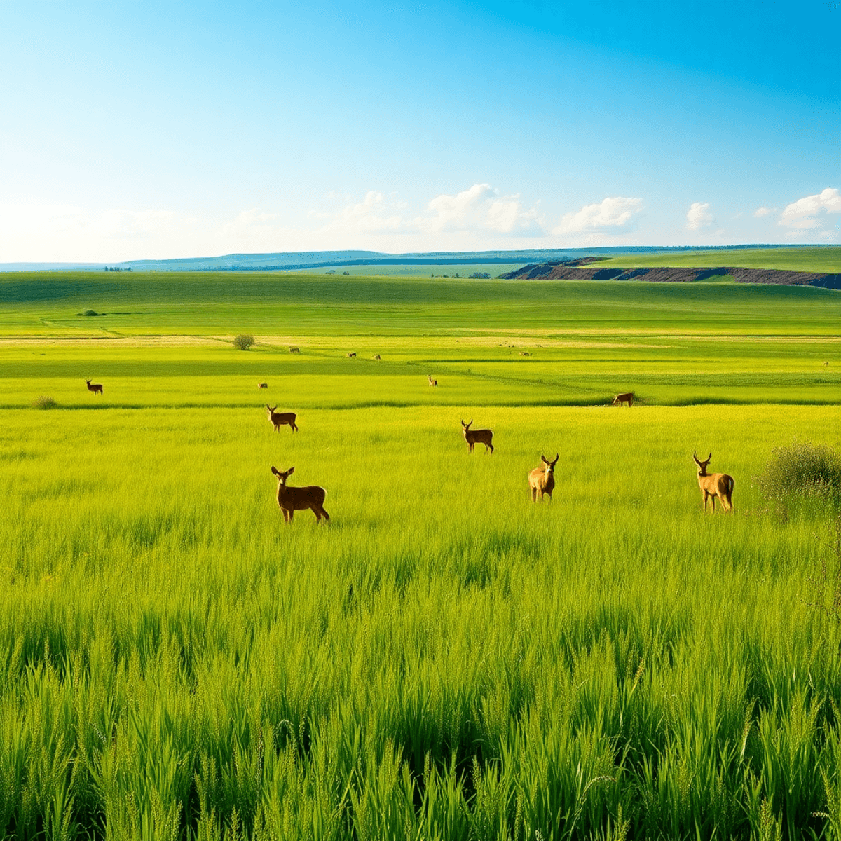 A vibrant green prairie filled with diverse wildlife, including deer and birds, under a clear blue sky, showcasing the beauty of nature and the imp...