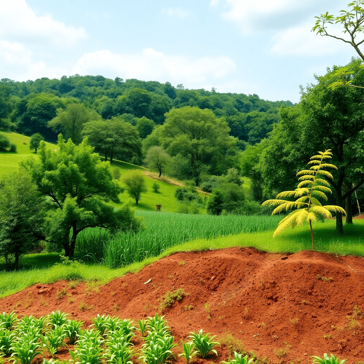 A vibrant landscape featuring lush greenery, trees, and crops in an agroforestry setting, highlighting harmony between nature and sustainable land ...