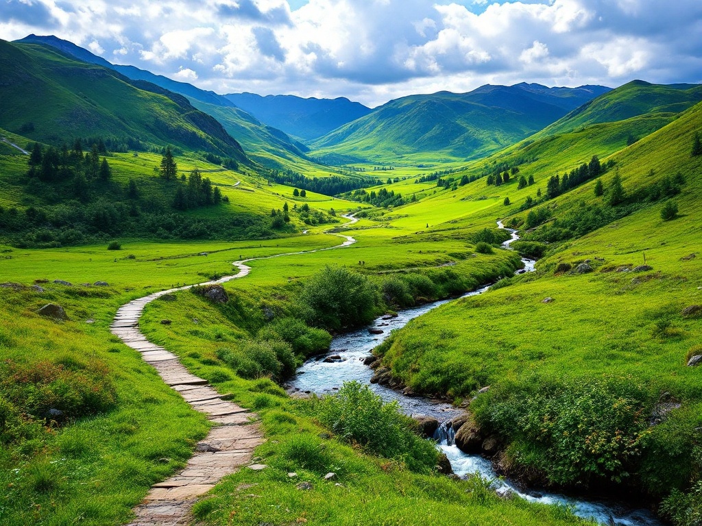 A vibrant landscape photograph, ideal for a multi-generational legacy, surrounded by green spaces, a stream with a walking trail, and mountains.