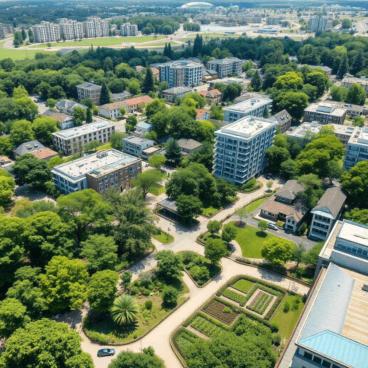 A vibrant urban landscape blending green spaces and sustainable buildings, showcasing community gardens and eco-friendly architecture in harmony wi...