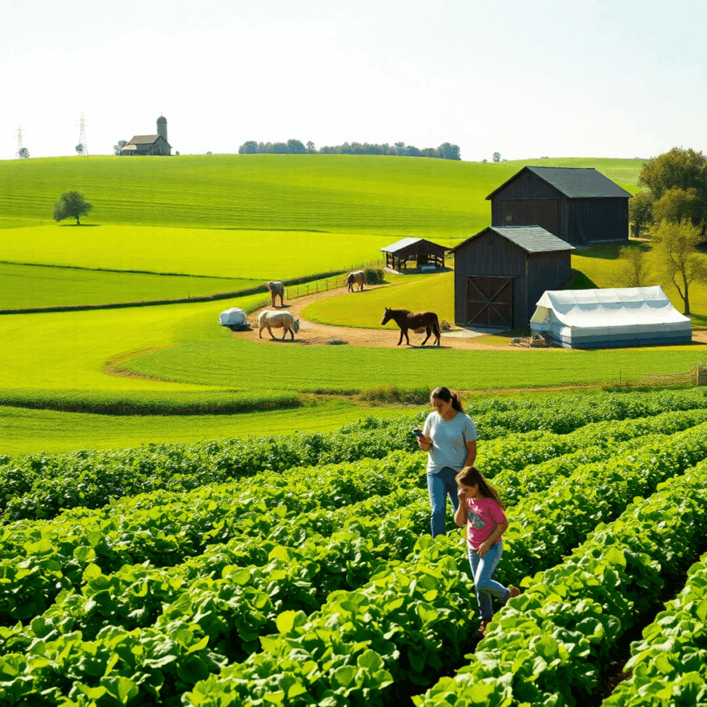 A family works together on a lush green farm with a traditional barn, surrounded by vibrant crops under bright sunlight, symbolizing community and ...