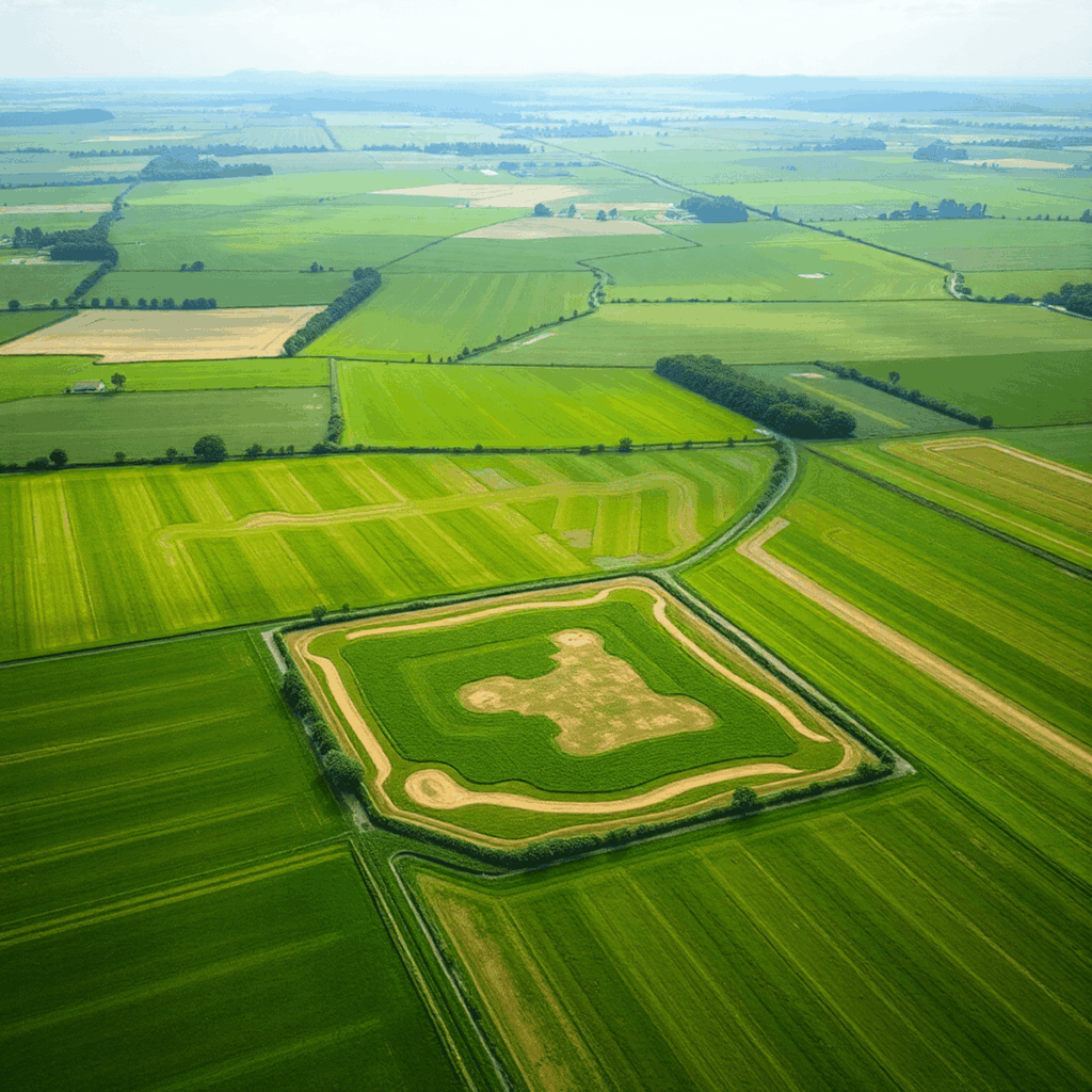 A peaceful rural scene with vast green fields and a neatly bordered plot, symbolizing strategic land investment and long-term prosperity.