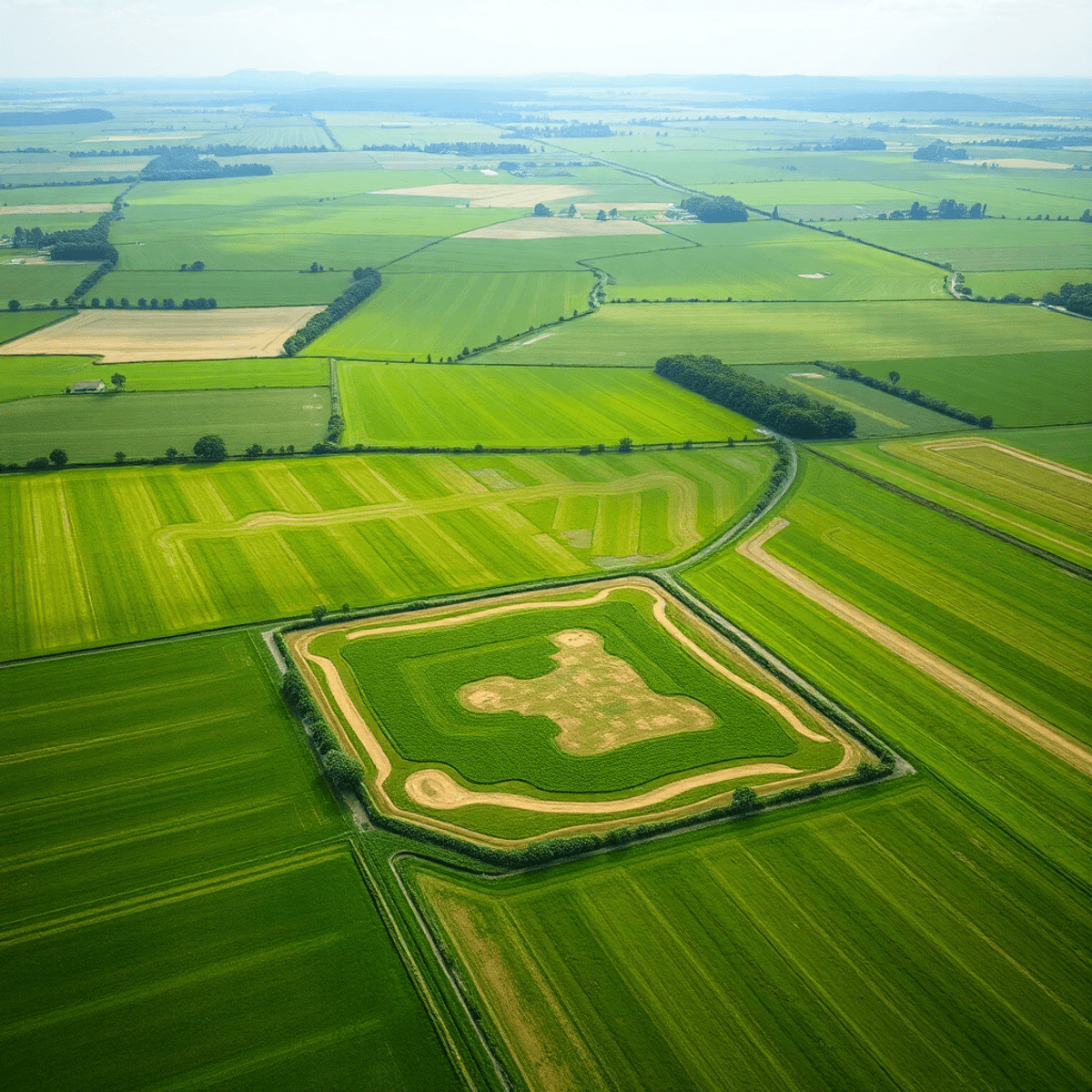 A peaceful rural scene with vast green fields and a neatly bordered plot, symbolizing strategic land investment and long-term prosperity.