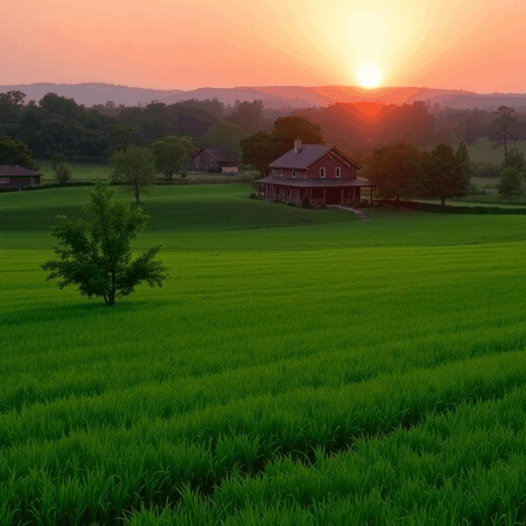 A serene landscape with a lush green field and a family home in the background, surrounded by trees and a small garden, bathed in the warm glow of ...