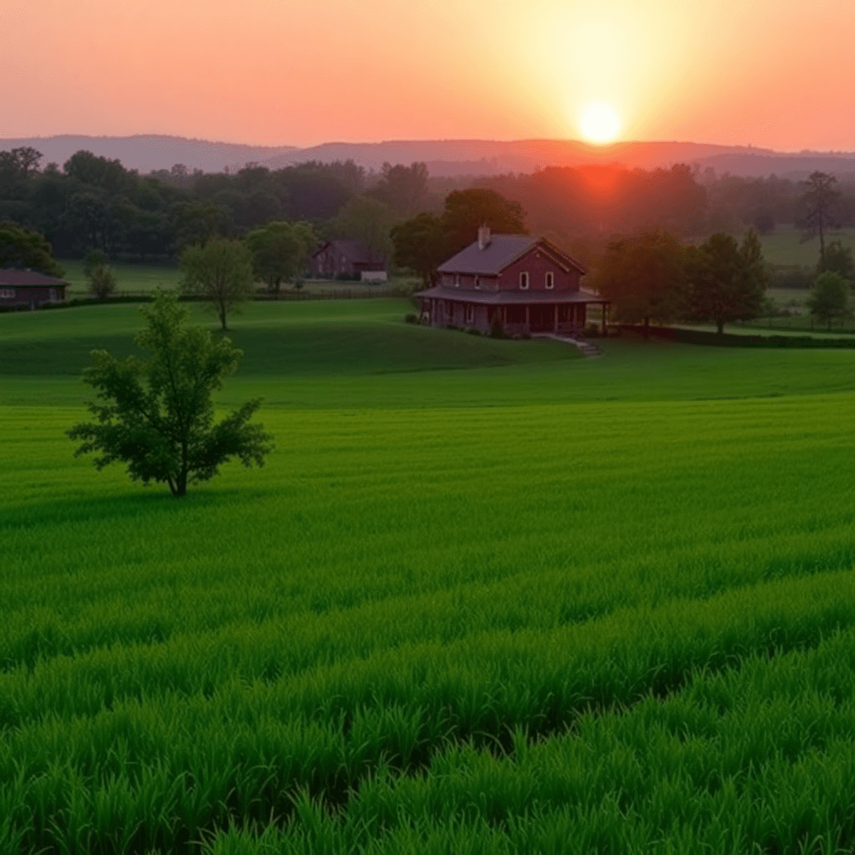 A serene landscape with a lush green field and a family home in the background, surrounded by trees and a small garden, bathed in the warm glow of ...