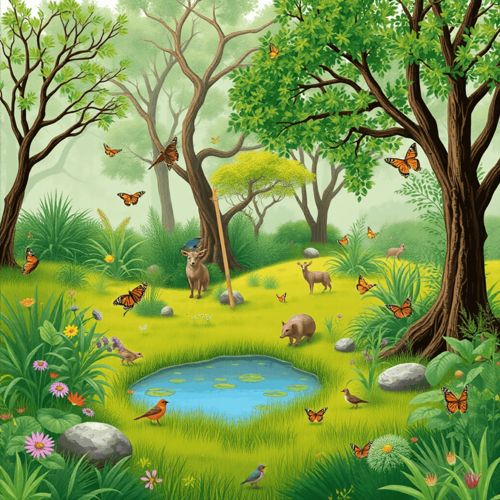 A tranquil landscape with a small pond, native plants, and trees, showcasing diverse wildlife like birds, butterflies, and small animals in harmony...