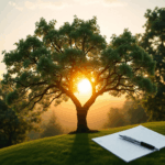 A family tree with lush greenery under a gentle sunrise, symbolizing growth and hope, accompanied by a pen and paper for planning and legacy.