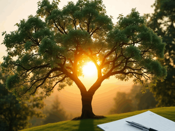 A family tree with lush greenery under a gentle sunrise, symbolizing growth and hope, accompanied by a pen and paper for planning and legacy.