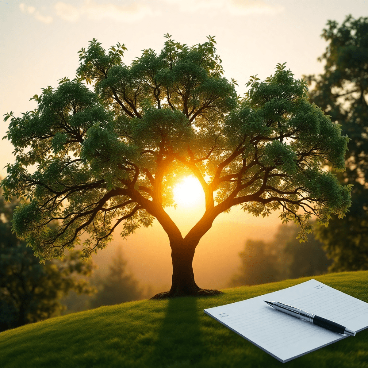A family tree with lush greenery under a gentle sunrise, symbolizing growth and hope, accompanied by a pen and paper for planning and legacy.