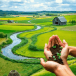 A serene American countryside with lush green fields, a winding river, and a historic barn, featuring hands gently holding soil, symbolizing stewar...