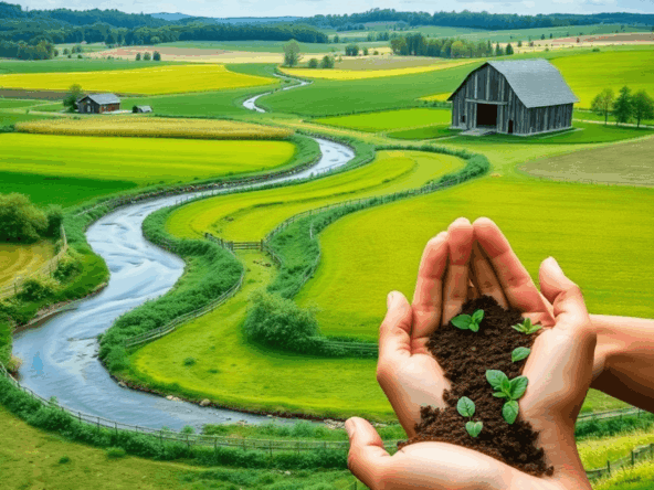 A serene American countryside with lush green fields, a winding river, and a historic barn, featuring hands gently holding soil, symbolizing stewar...