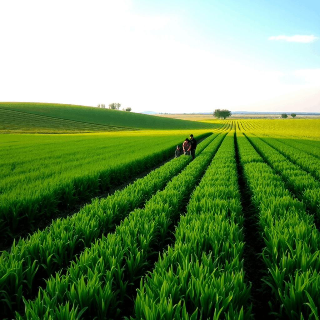 A serene landscape with lush green fields under a clear blue sky, featuring a family working together in the field, symbolizing teamwork and commit...