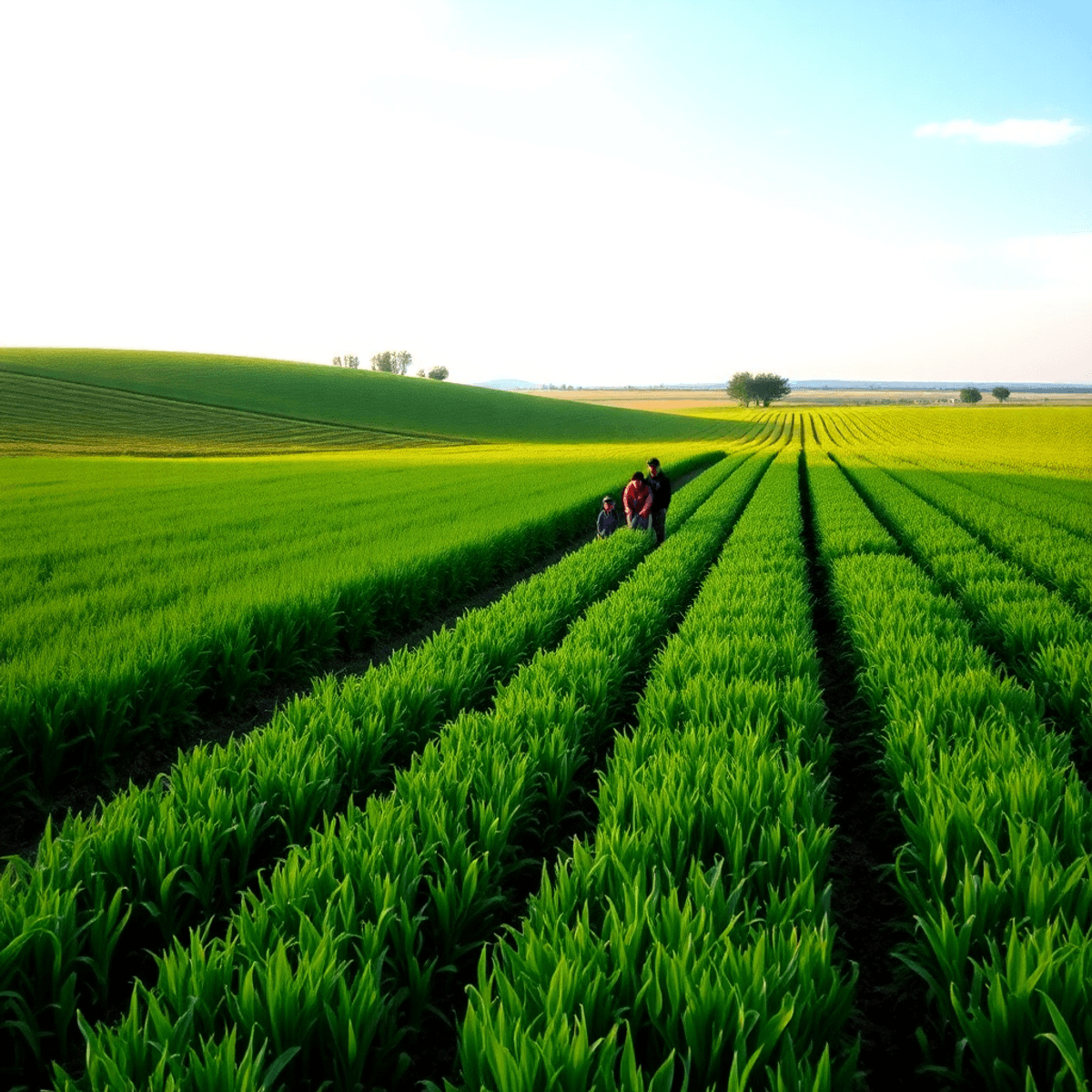 A serene landscape with lush green fields under a clear blue sky, featuring a family working together in the field, symbolizing teamwork and commit...