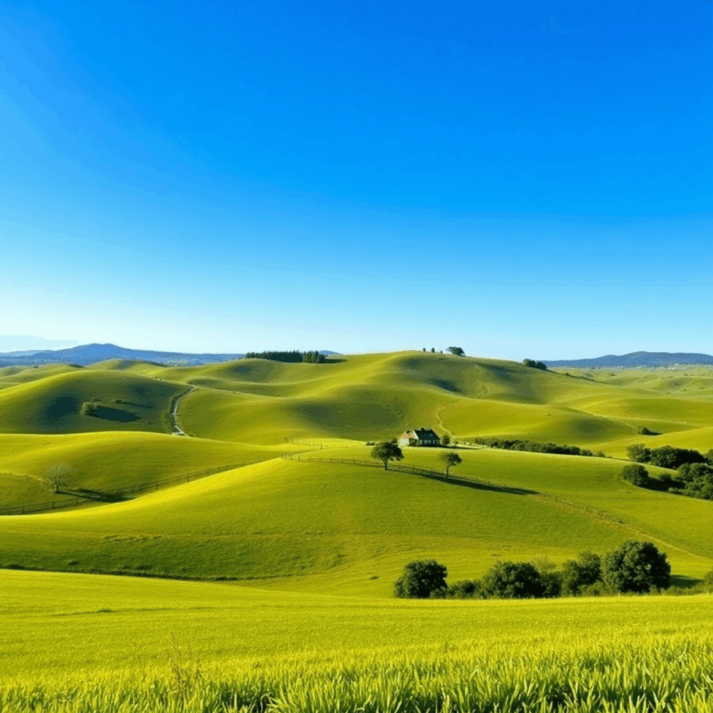 A serene landscape with rolling hills under a clear blue sky, featuring a distant family home and lush greenery, evoking peace, heritage, and commu...