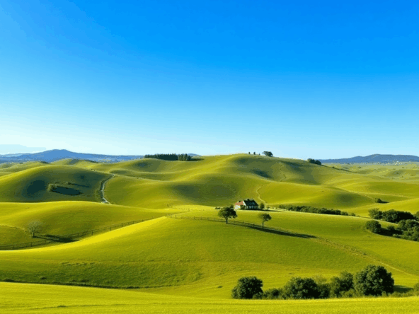 A serene landscape with rolling hills under a clear blue sky, featuring a distant family home and lush greenery, evoking peace, heritage, and commu...