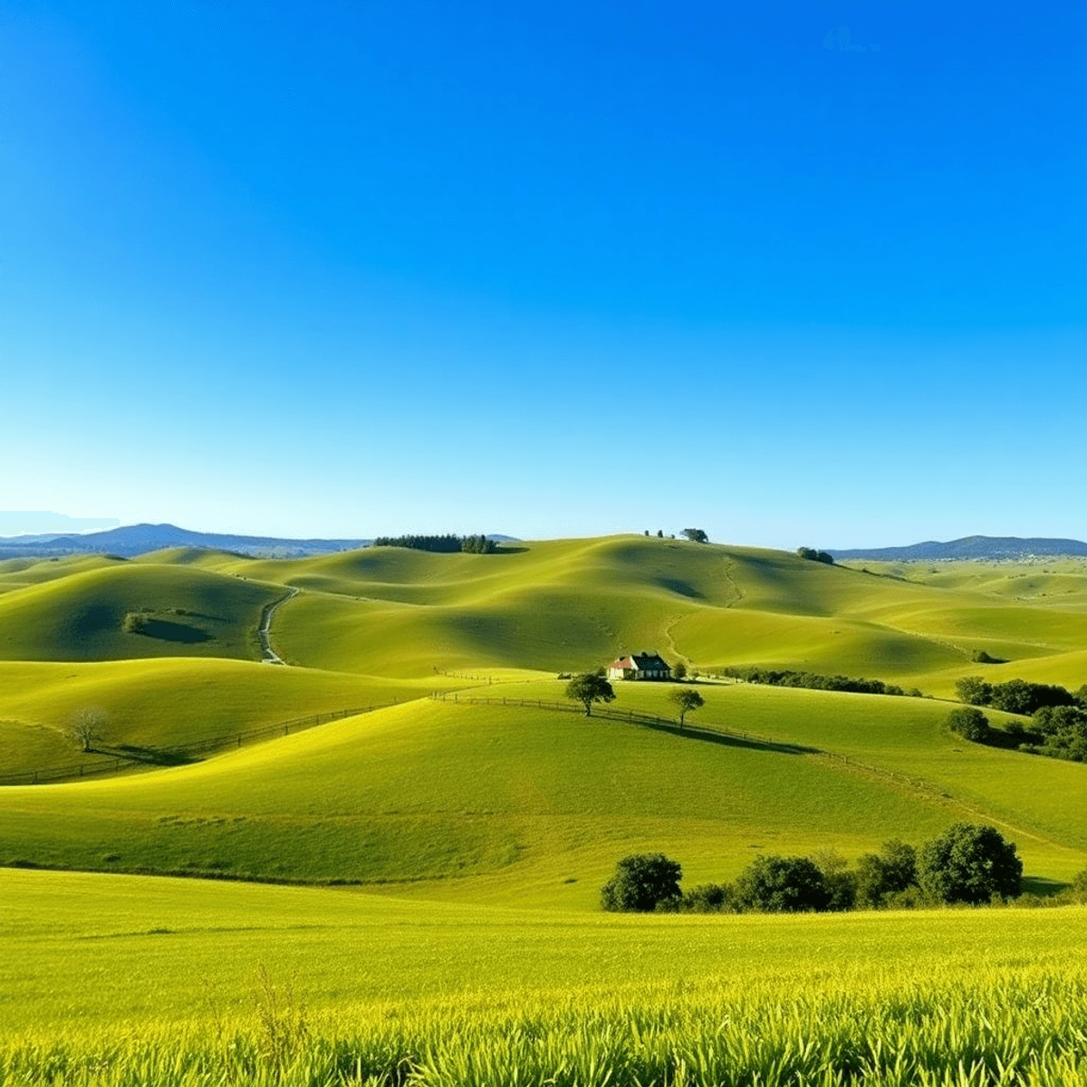 A serene landscape with rolling hills under a clear blue sky, featuring a distant family home and lush greenery, evoking peace, heritage, and commu...