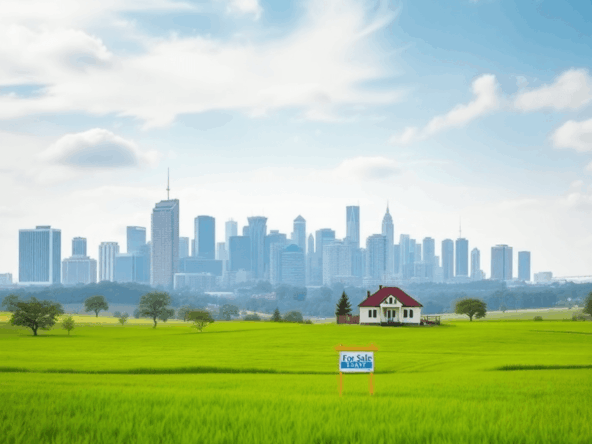 A tranquil landscape blending a modern city skyline with green fields, featuring a house and "For Sale" sign, symbolizing harmony between urban asp...