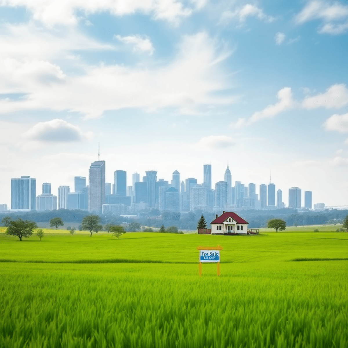 A tranquil landscape blending a modern city skyline with green fields, featuring a house and "For Sale" sign, symbolizing harmony between urban asp...