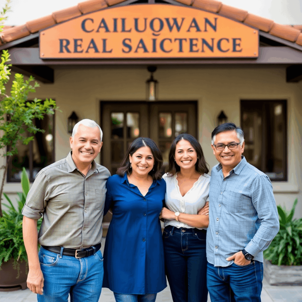 A welcoming family-owned real estate office with three smiling individuals standing in front of a building, surrounded by greenery and open spaces,...