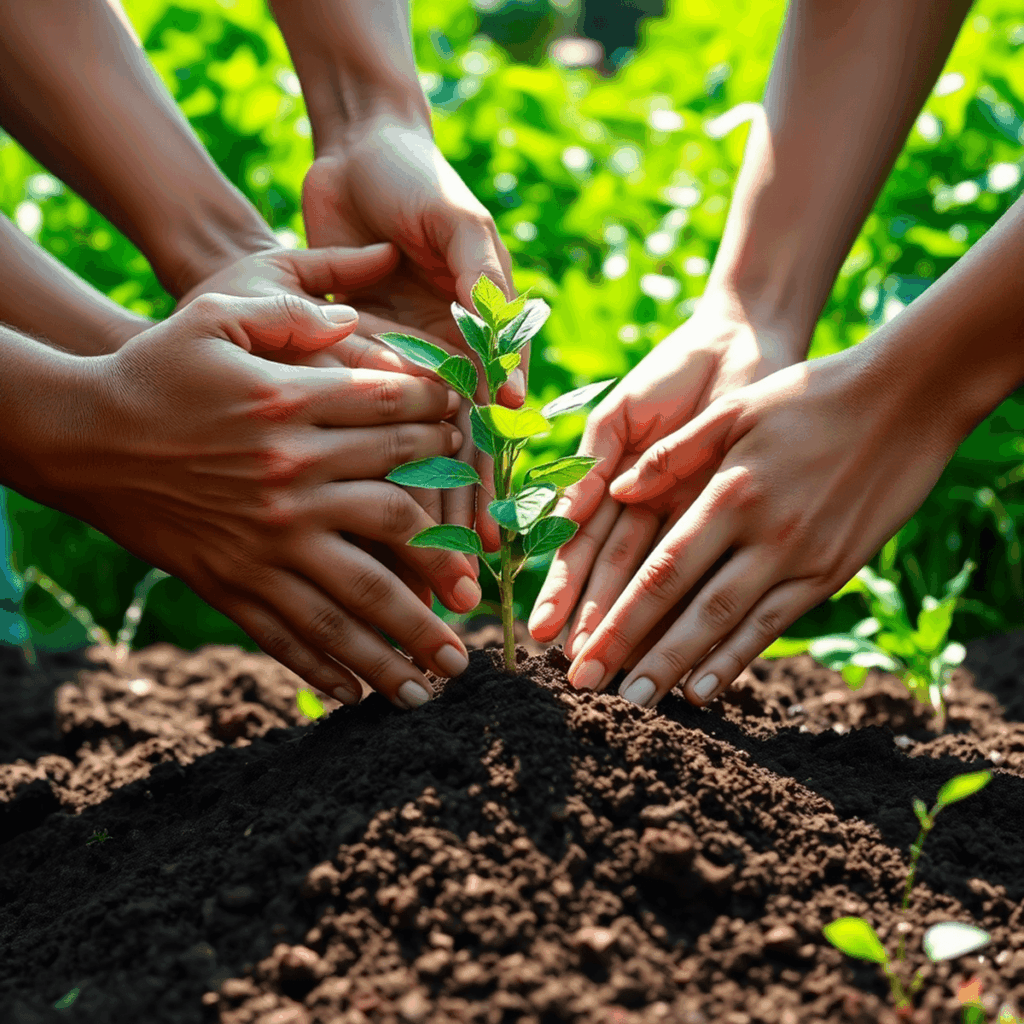 Hands planting a small tree in rich soil, surrounded by a lush green landscape with sunlight filtering through leaves, symbolizing growth and commu...