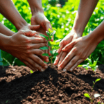 Hands planting a small tree in rich soil, surrounded by a lush green landscape with sunlight filtering through leaves, symbolizing growth and commu...