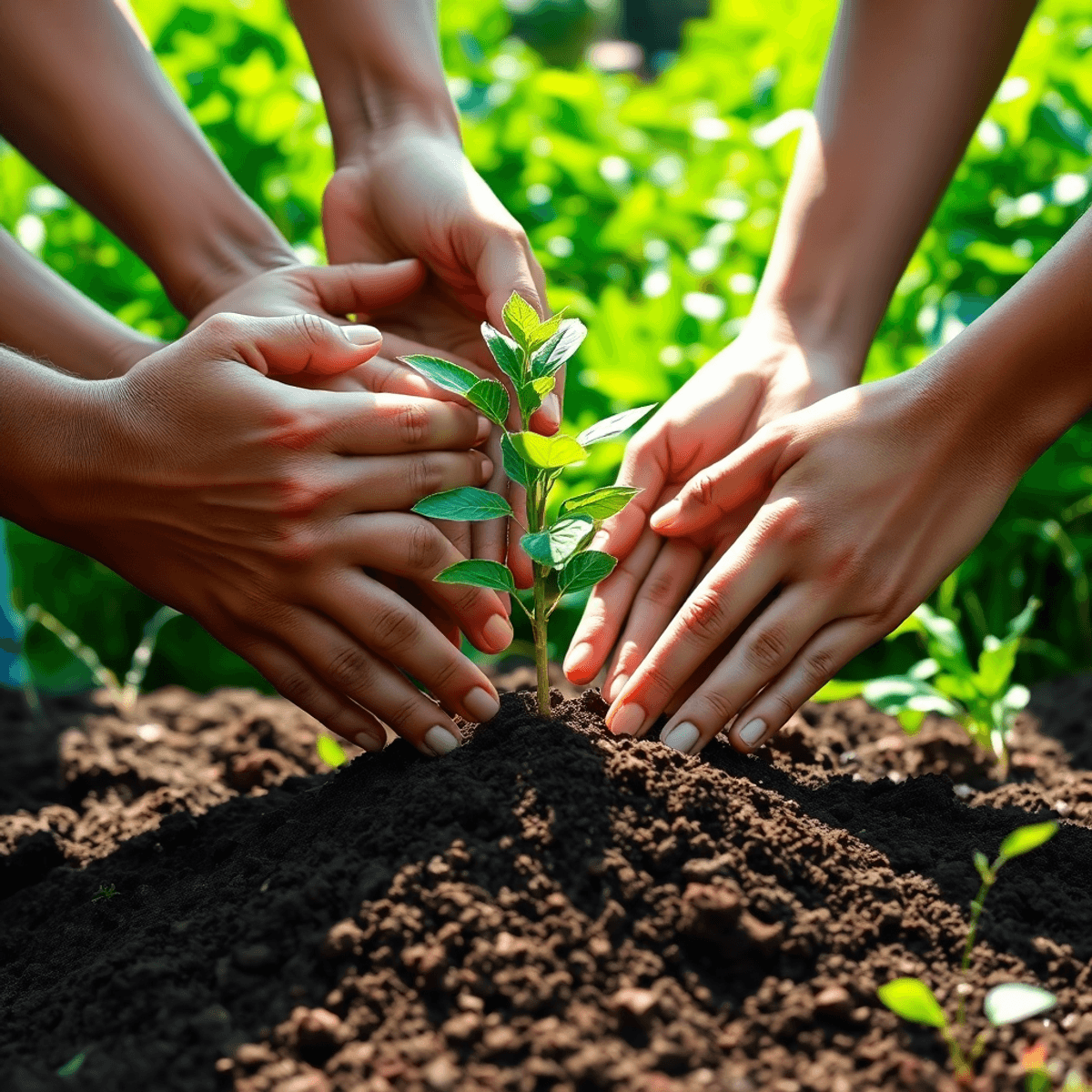 Hands planting a small tree in rich soil, surrounded by a lush green landscape with sunlight filtering through leaves, symbolizing growth and commu...